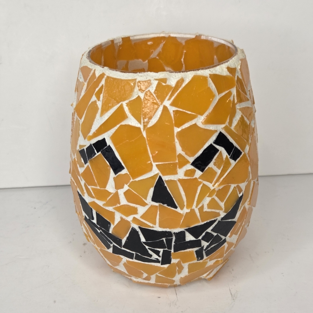 Mosaic Orange Pumpkin Jackolantern Candle Holder Jar Vase Halloween Decor - Picture 11 of 11